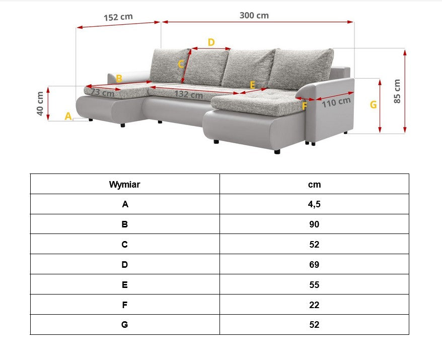 CANAPÉ D'ANGLE LIT PRADO U LAWA 09/1115 GRIS/BLANC 300CM / RESSORTS + MOUSSE