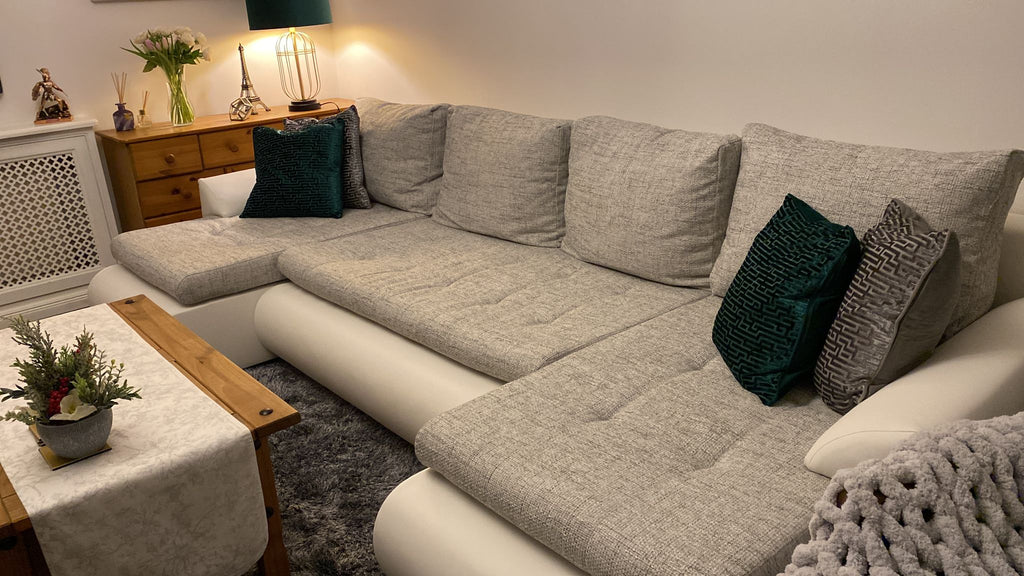 CANAPÉ D'ANGLE LIT PRADO U LAWA 09/1115 GRIS/BLANC 300CM / RESSORTS + MOUSSE
