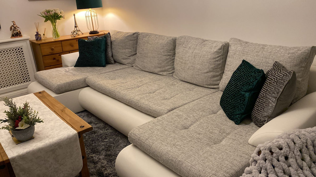 CANAPÉ D'ANGLE LIT PRADO U LAWA 09/1115 GRIS/BLANC 300CM / RESSORTS + MOUSSE